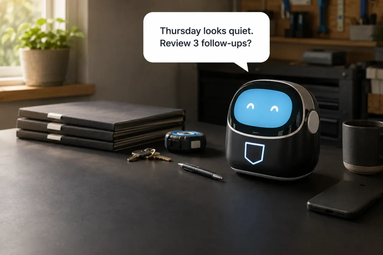 Illustration of the TradePocket AI Business Assistant suggesting follow-ups for a quiet Thursday