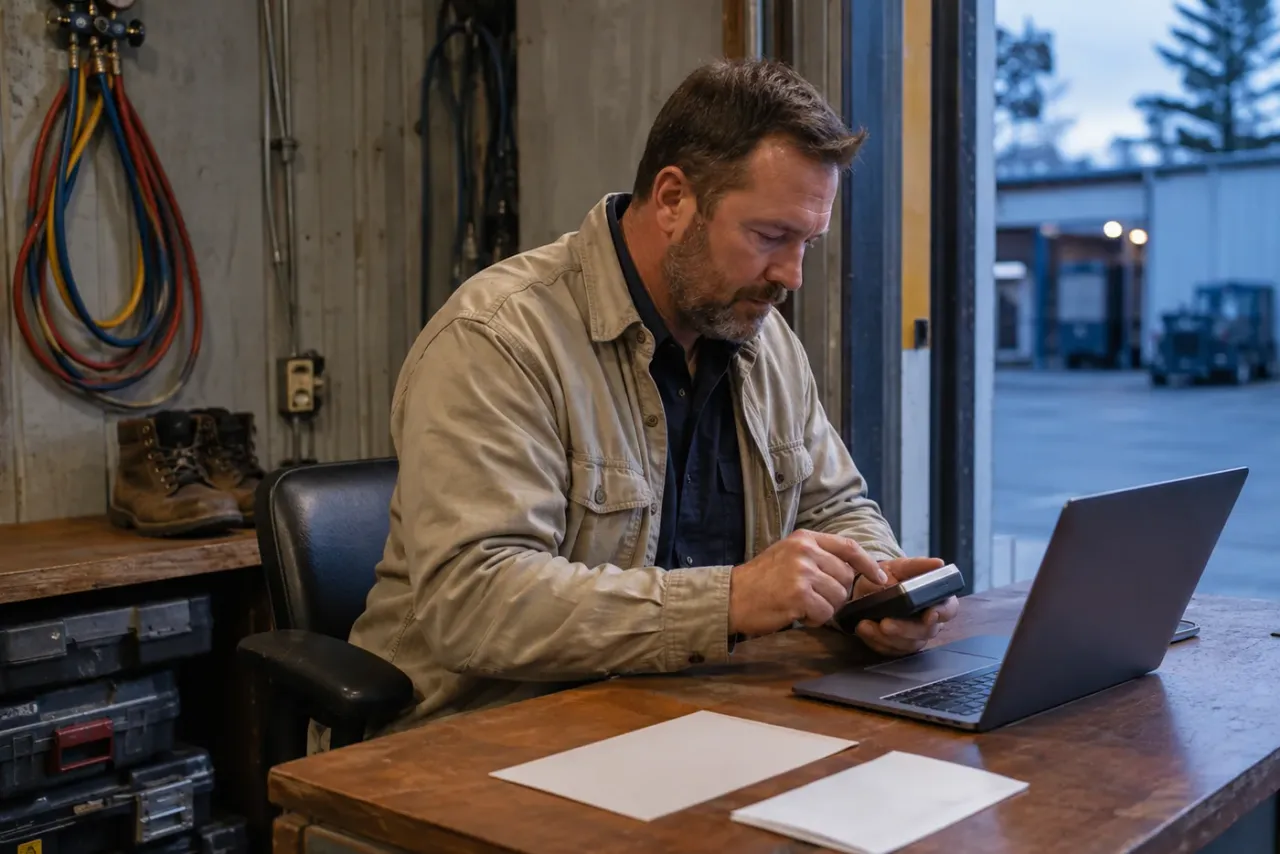 A solo contractor reviewing invoicing and payments