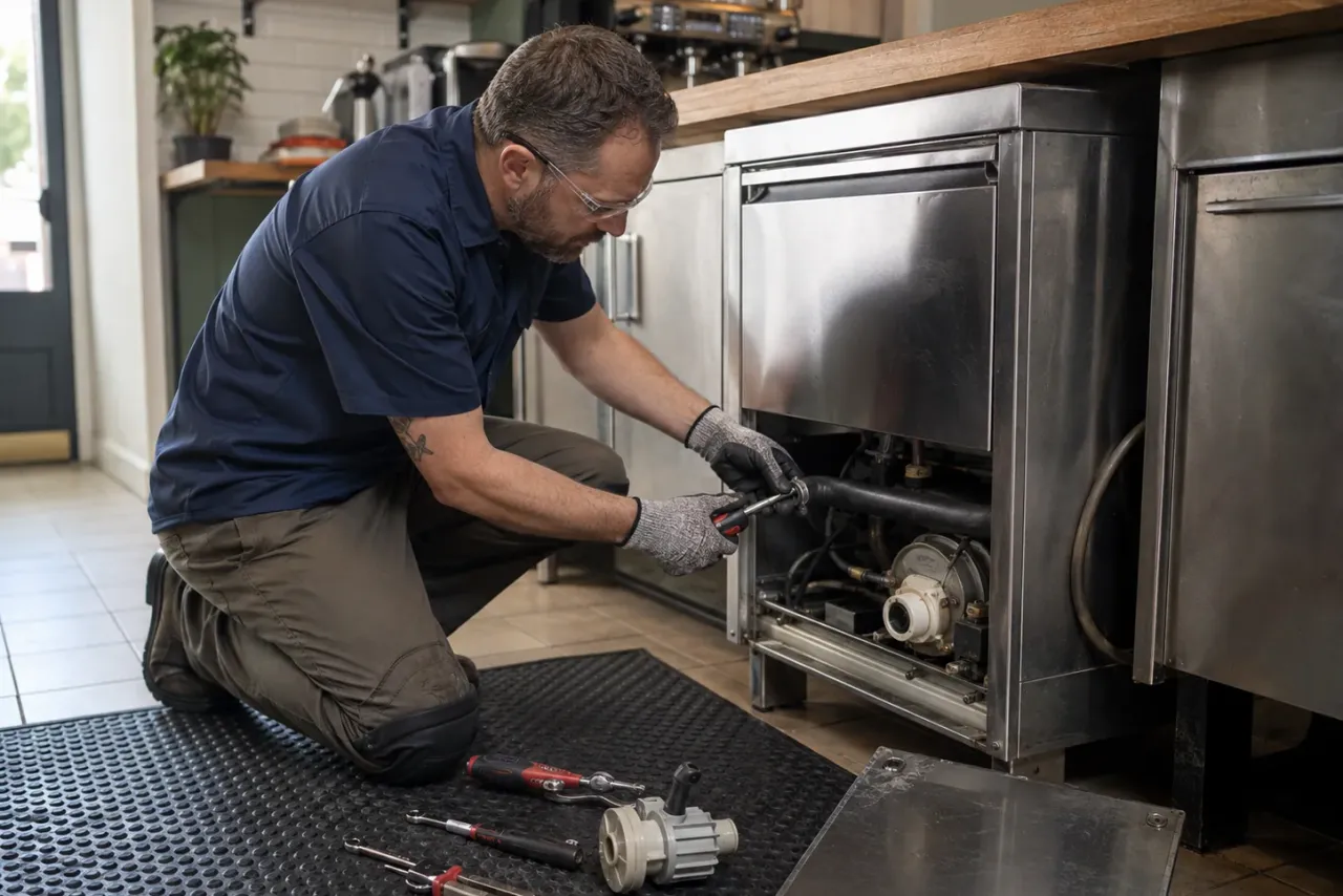 An independent commercial equipment repairer at work