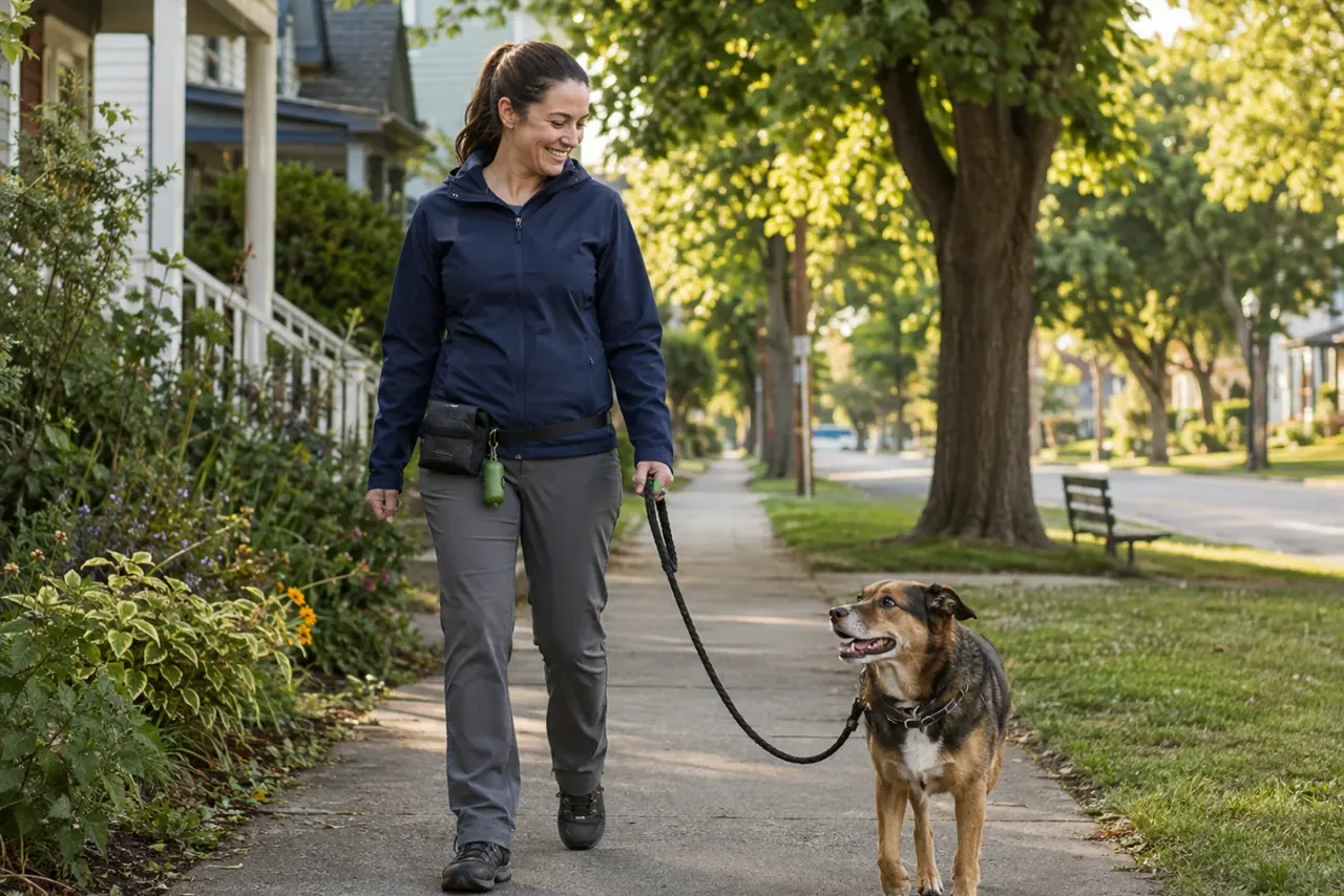 An independent dog walker or pet sitter at work