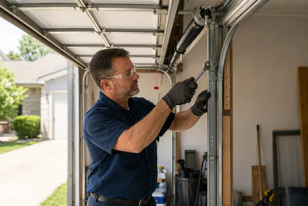 An independent garage door technician at work