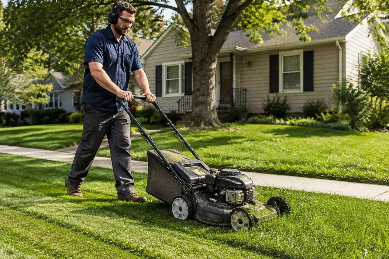 An independent lawn care professional at work