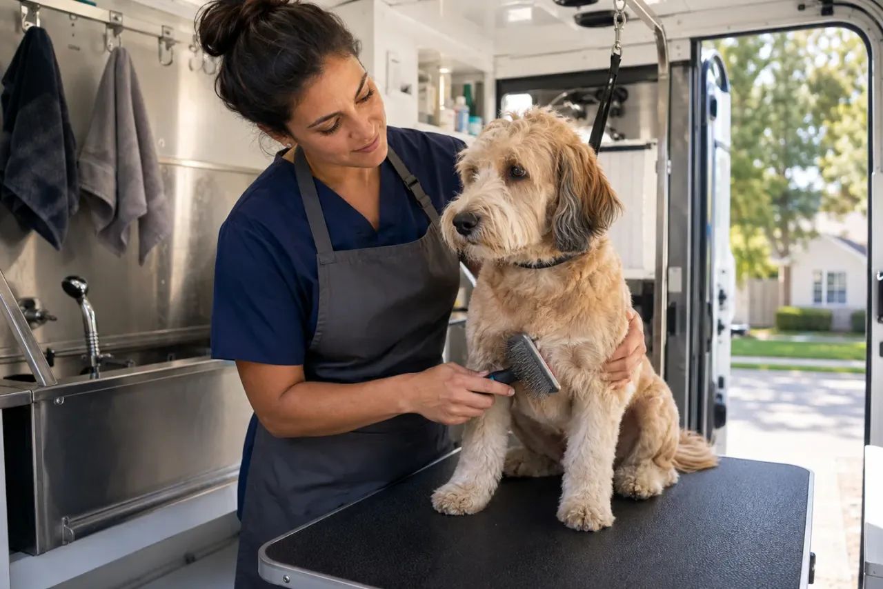 An independent mobile pet groomer at work