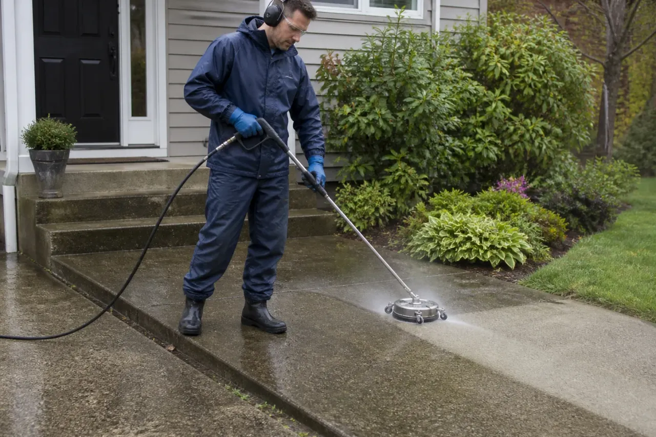 An independent pressure washing professional at work