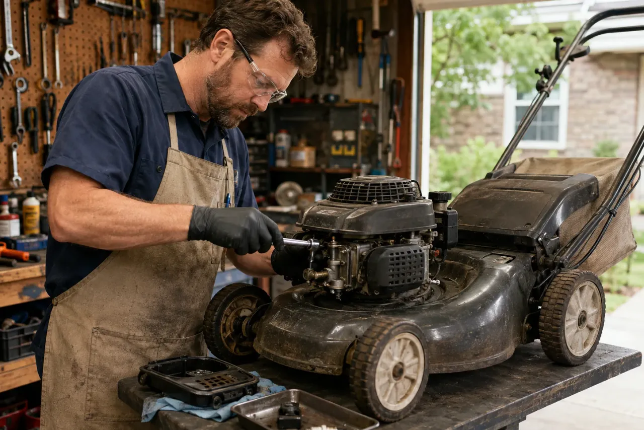 An independent small-engine repairer at work