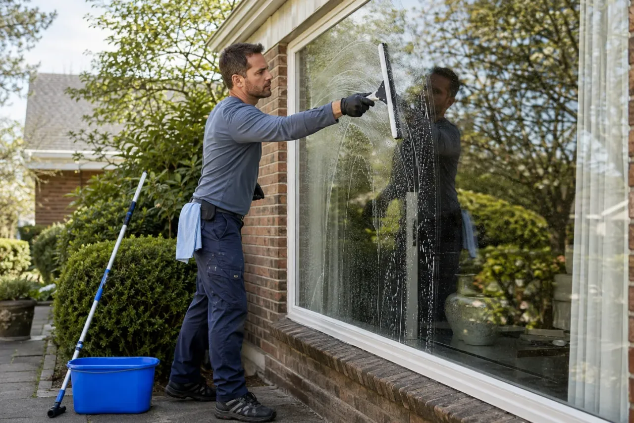 An independent window cleaning professional at work