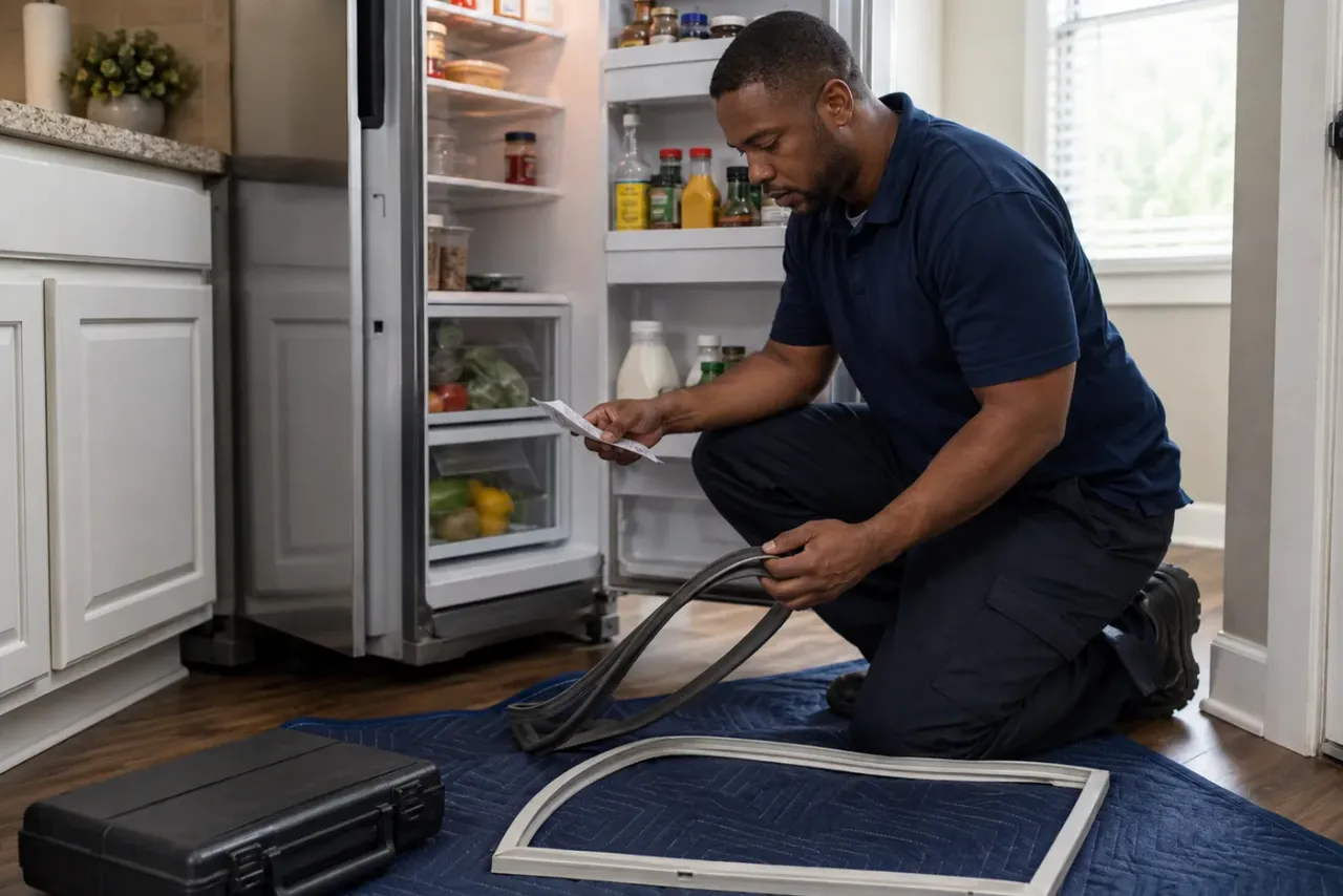 An independent appliance repair technician reviewing job details