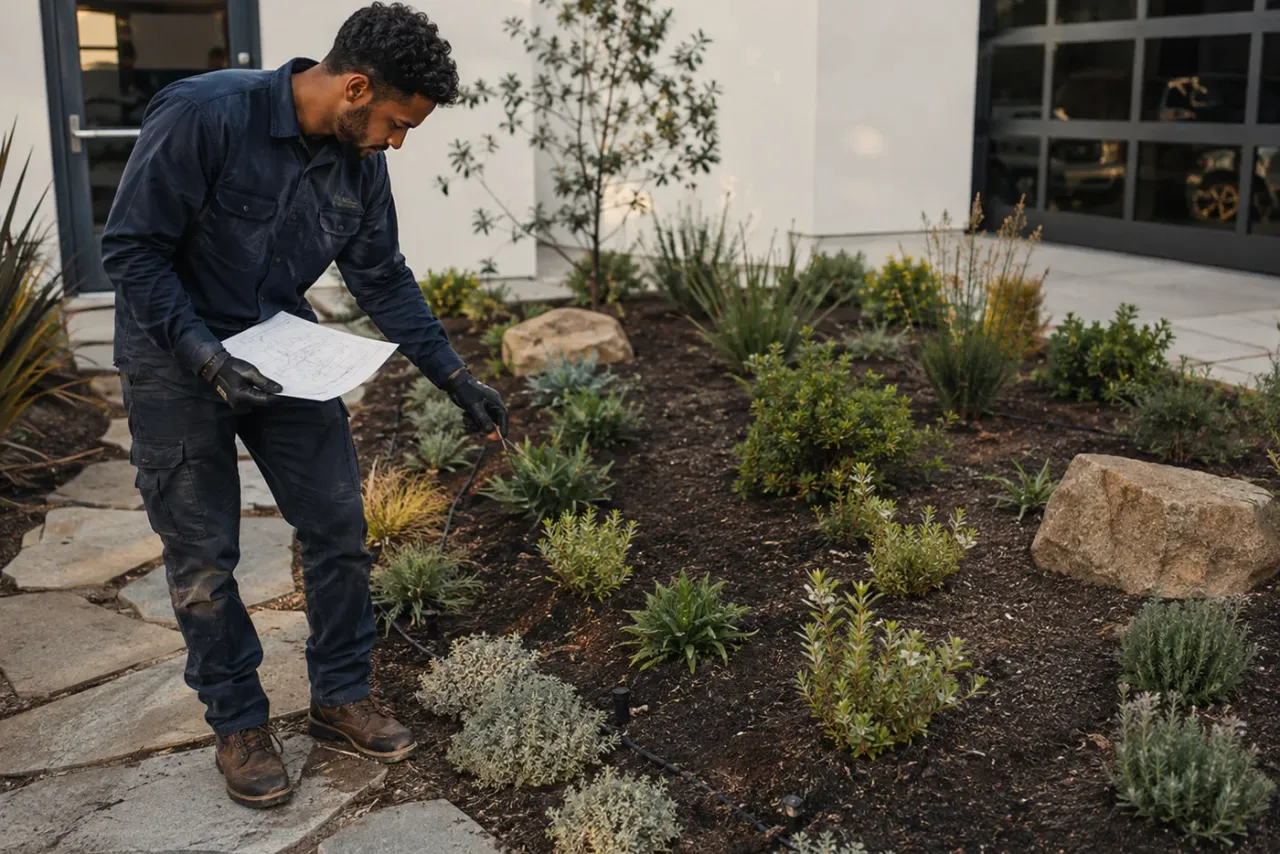 An independent landscaper reviewing job details
