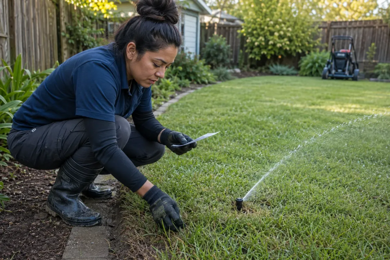 An independent lawn care professional reviewing job details