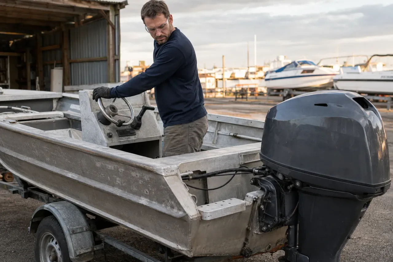 An independent marine repair technician reviewing job details