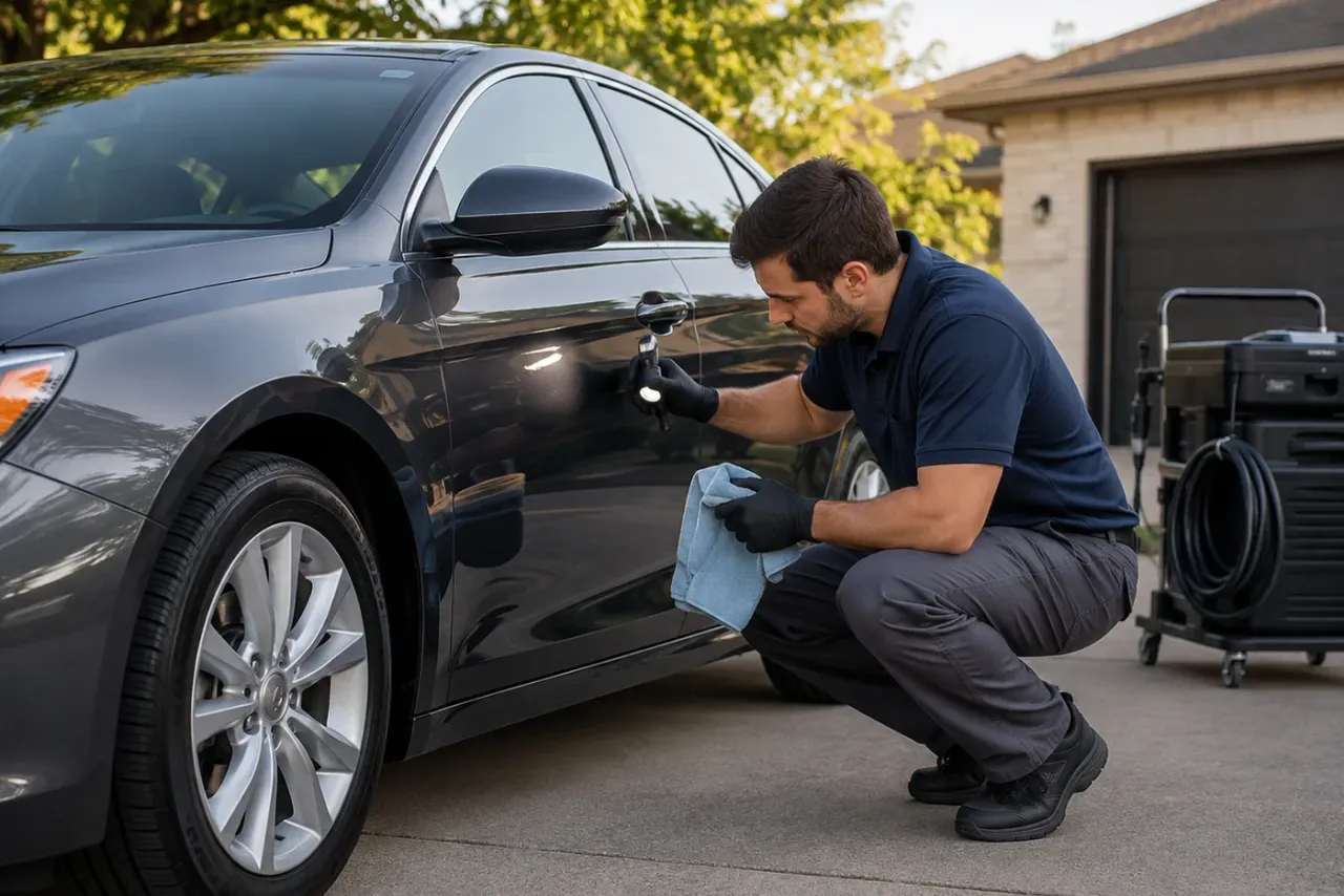 An independent mobile detailer reviewing job details