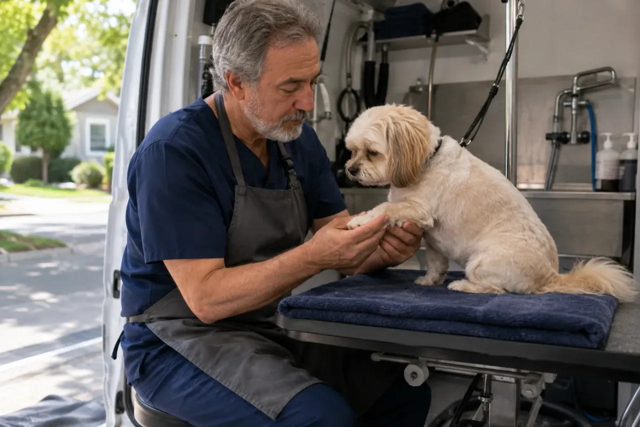 An independent mobile pet groomer reviewing job details