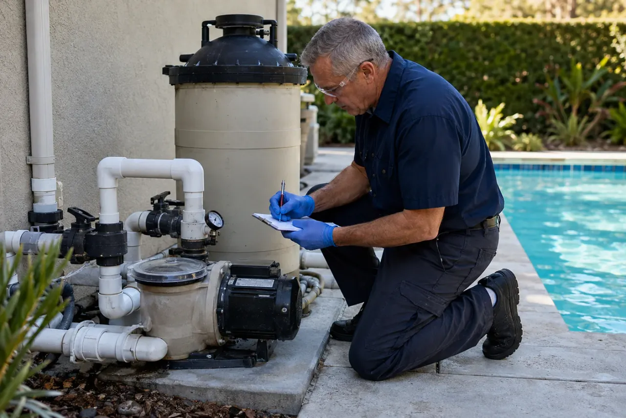 An independent pool service professional reviewing job details