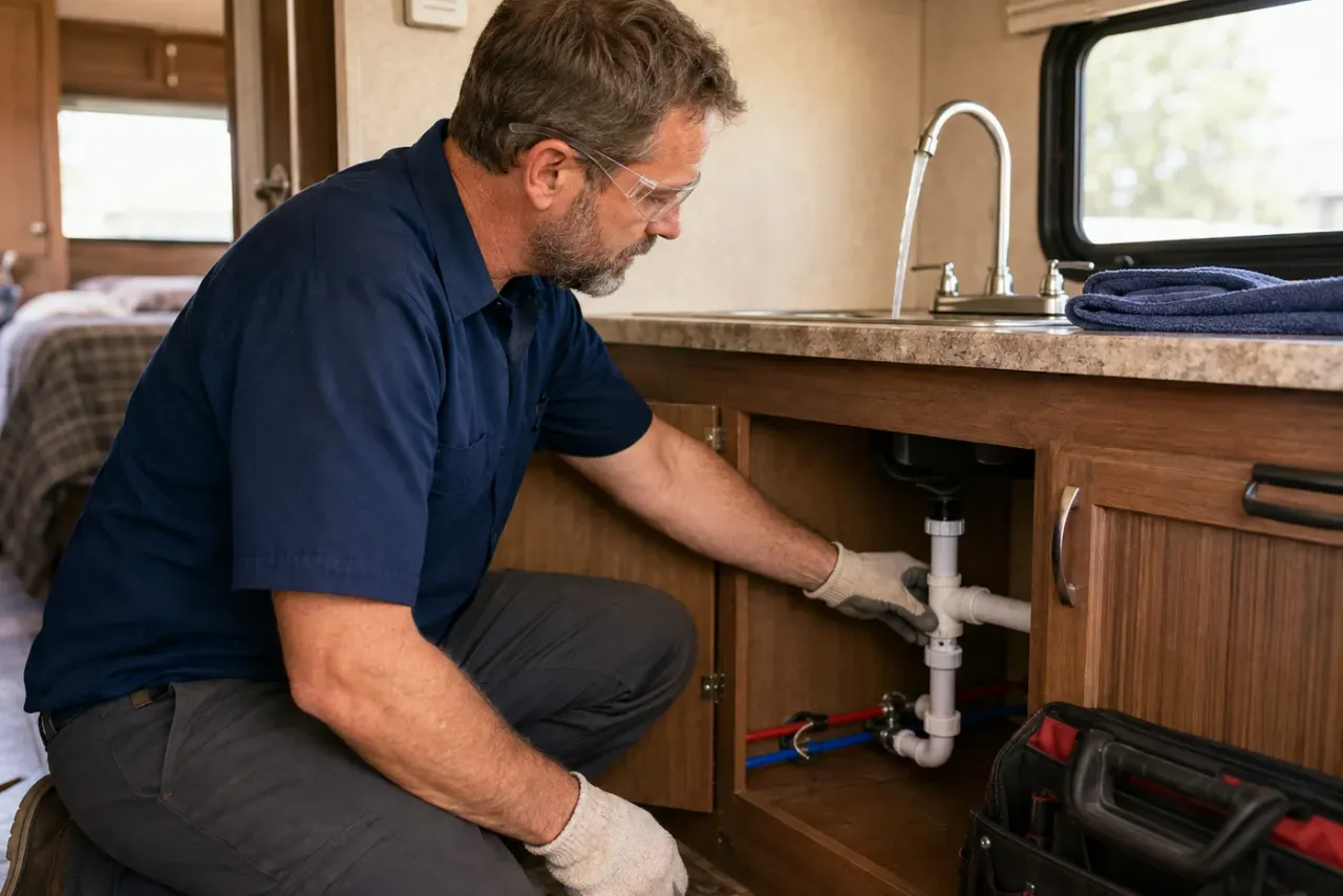 An independent RV repair technician reviewing job details