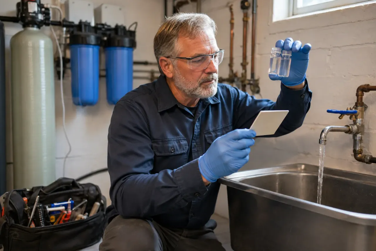 An independent water treatment professional reviewing job details
