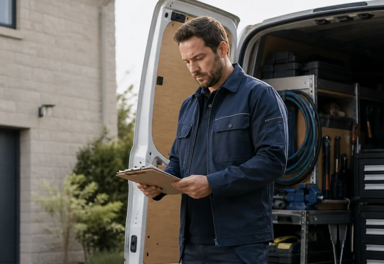 Independent local service business owner preparing for the working day beside an unbranded service van