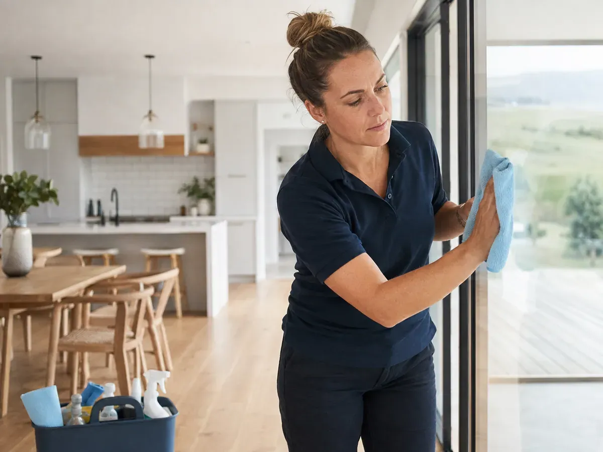 Independent professional cleaner finishing a glass surface in a bright home