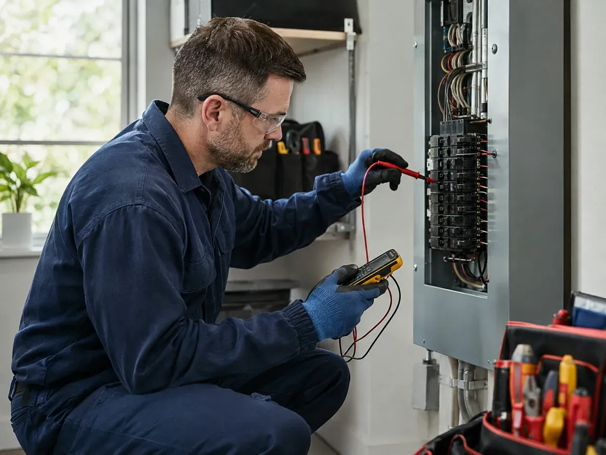 Independent electrician carefully testing a residential electrical panel