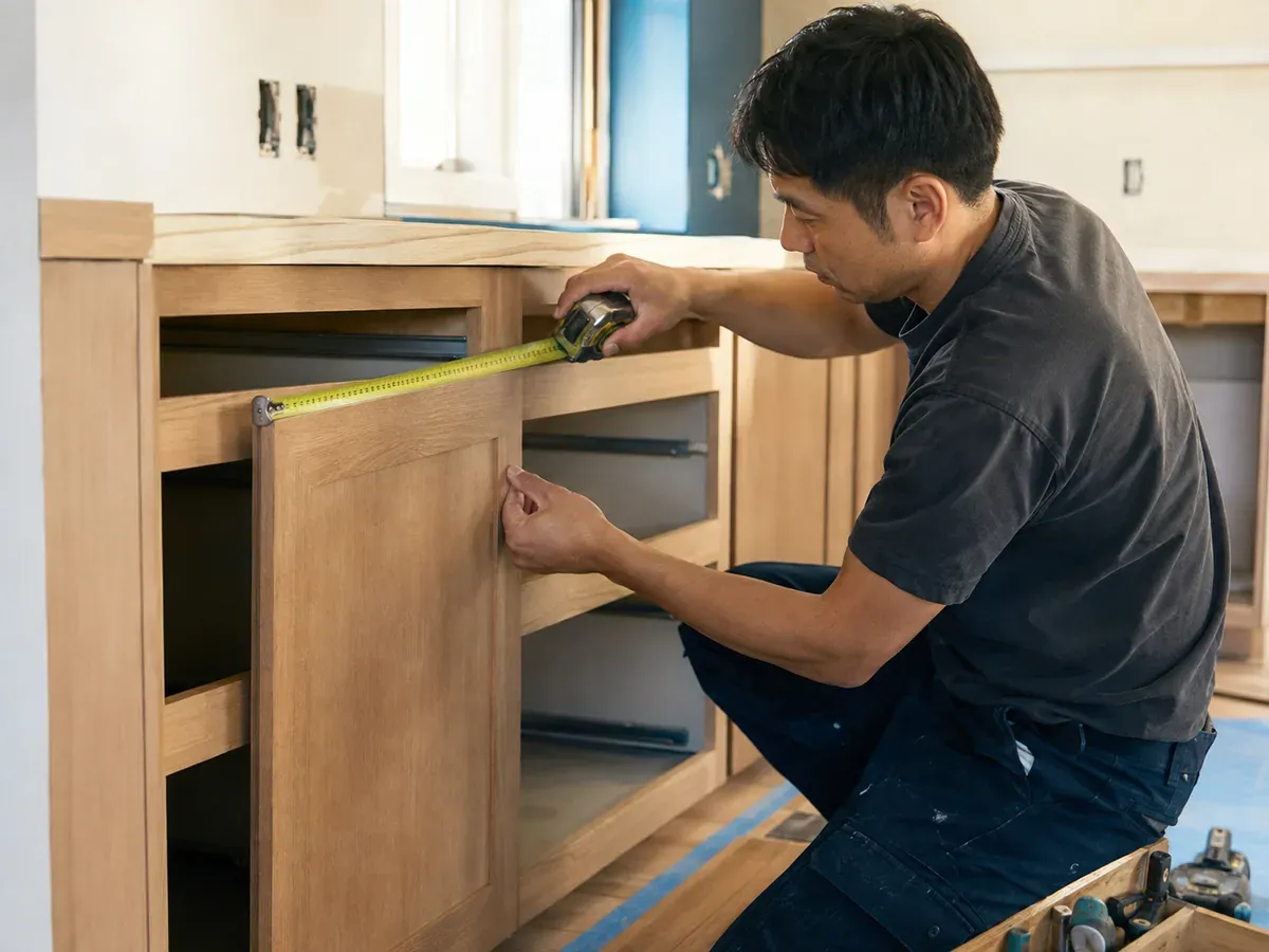 Independent handyman measuring a fitted cabinet door in a residential kitchen