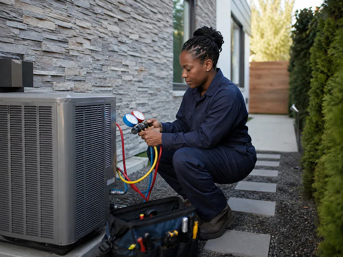 Independent HVAC contractor servicing a residential outdoor heat pump