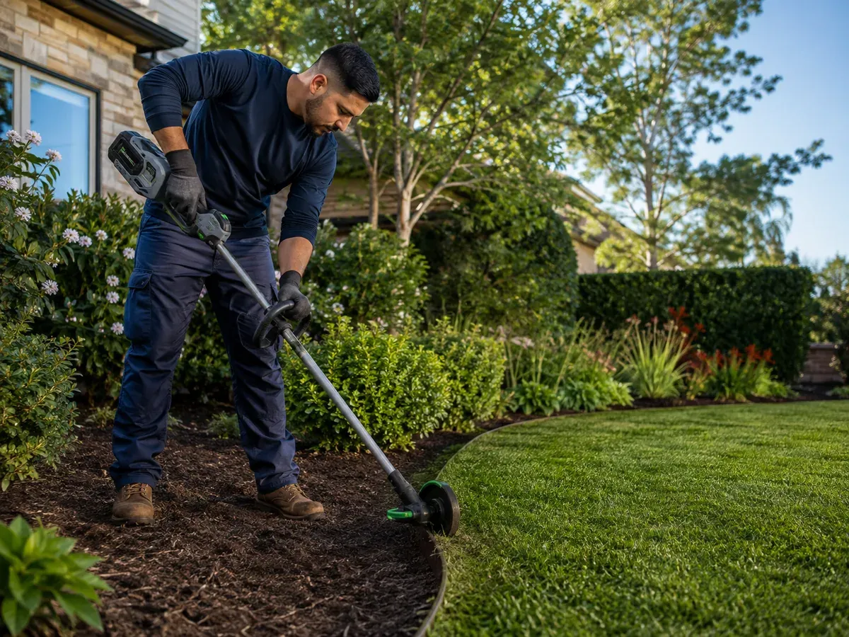 Independent landscaper creating a clean edge beside a residential lawn