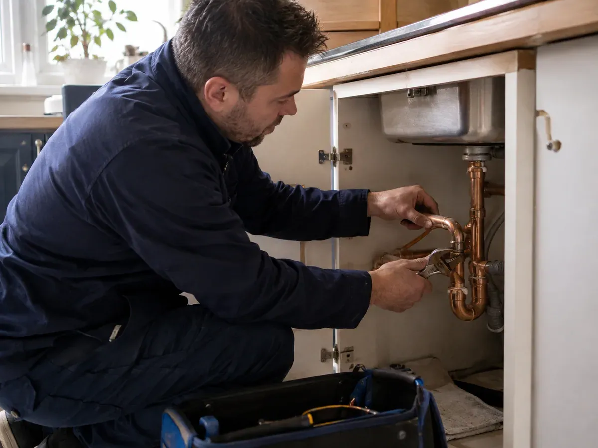 Independent plumber repairing copper pipework beneath a kitchen sink