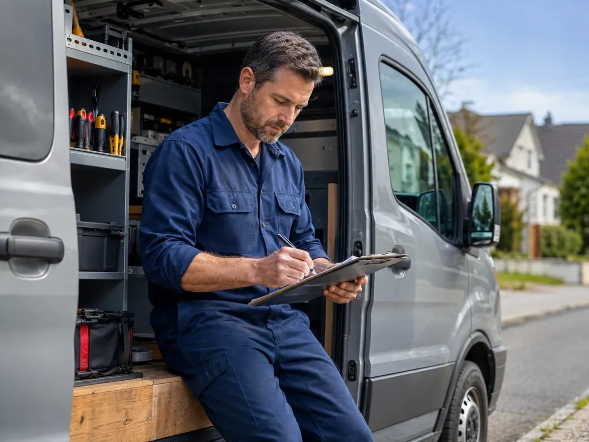 Independent service contractor organizing the next job beside an unbranded work van