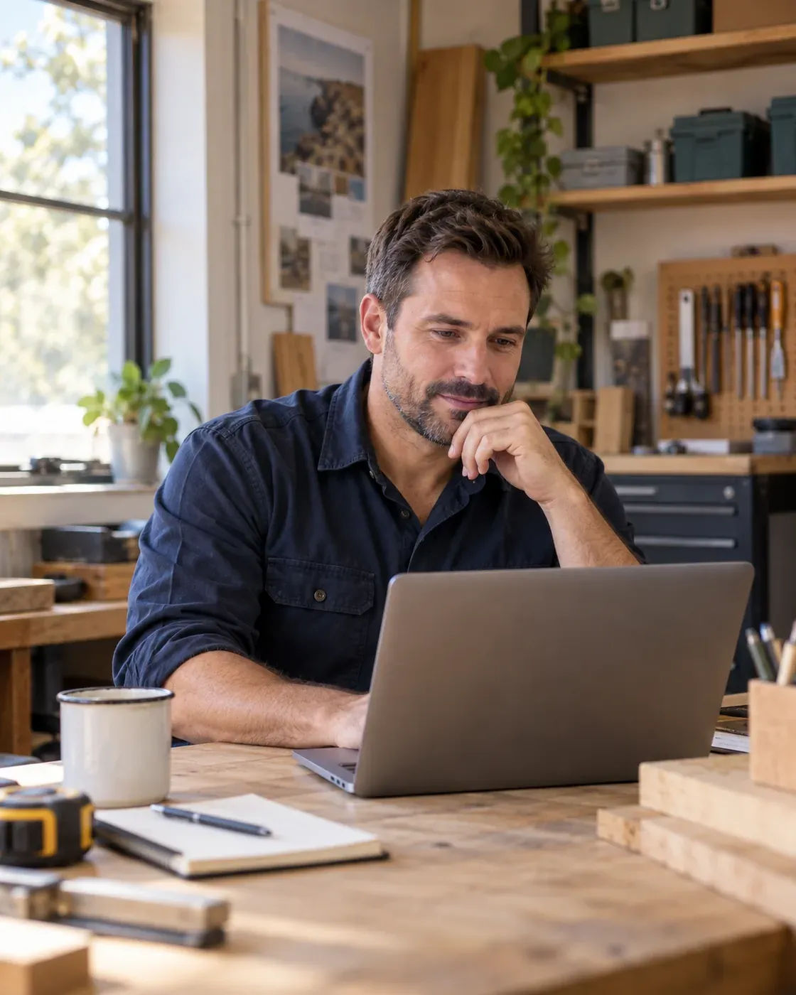 Trade business owner reviewing options on a laptop in his workshop office