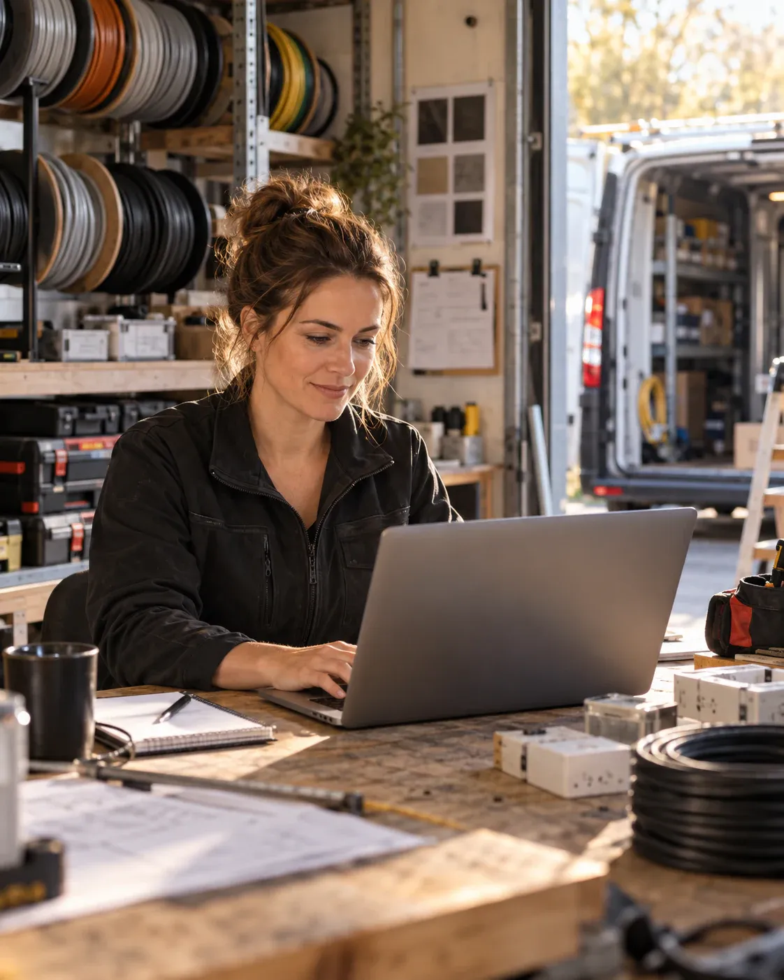 Electrical business owner reviewing her company website on a laptop in her workshop