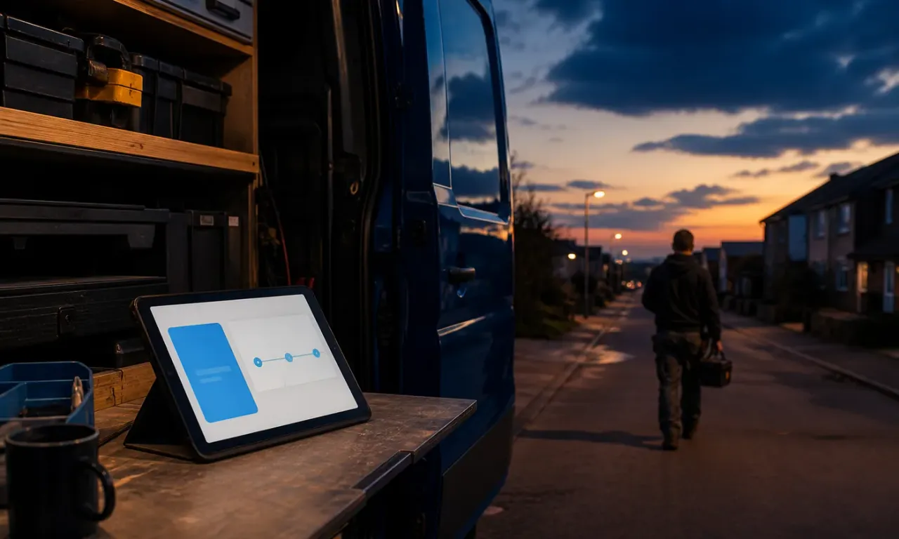 Tablet and service notes arranged inside an organized work van at dusk