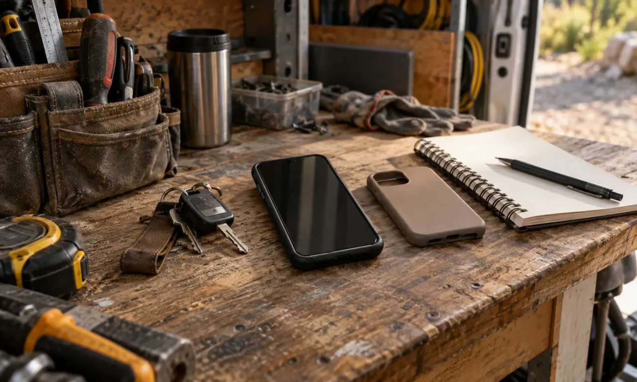 Smartphone, keys and notebook arranged on a worn service-van workbench