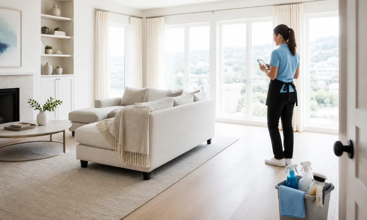 Cleaner checking the recurring schedule in a bright finished apartment