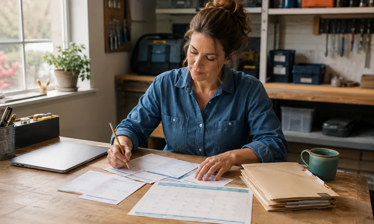 Small business owner arranging job cards and a monthly calendar at a workshop desk