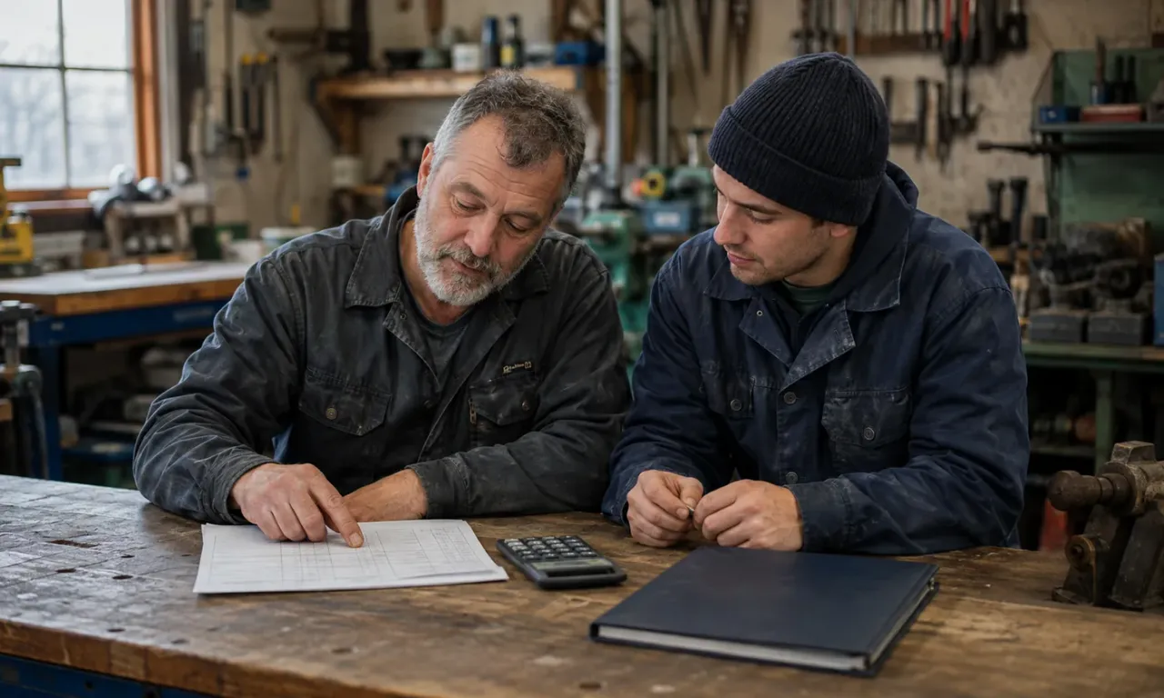 Trade business owner and helper reviewing a paper timesheet beside a calculator in a workshop