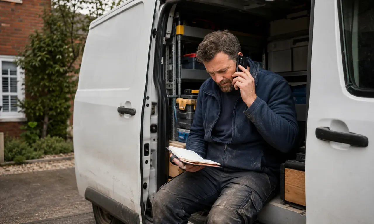 Contractor taking a customer call and checking an appointment notebook in a parked service van