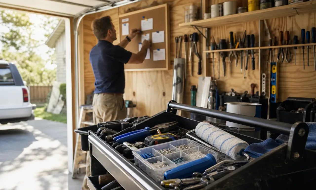 Handyman organizing a varied day beside a stocked rolling tool cart