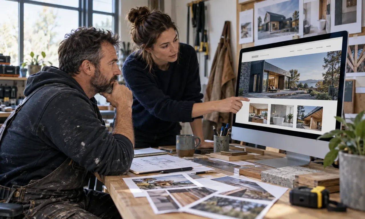 Contractor and website specialist reviewing a tailored managed website in a workshop office