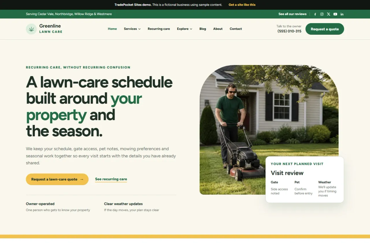 Live Greenline Lawn Care demo website built by TradePocket Sites