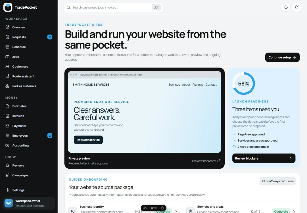 TradePocket client dashboard showing website preview readiness and guided onboarding progress