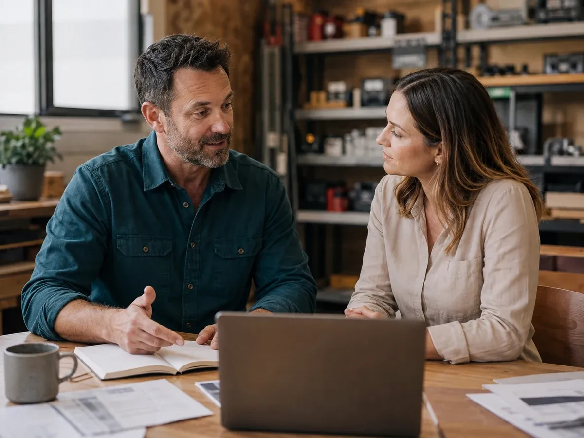 Trade business owner discussing marketing priorities with an adviser in a workshop office