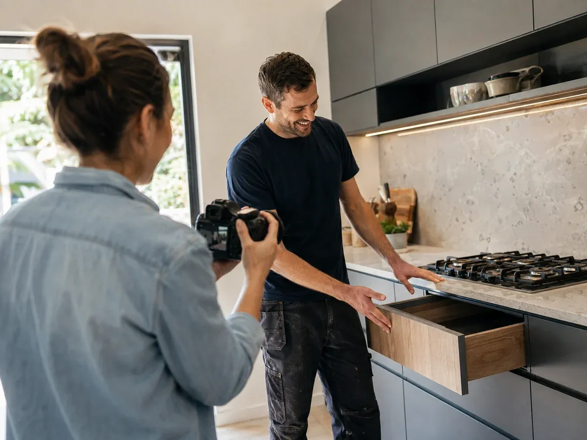 Photographer capturing a kitchen installer's completed work