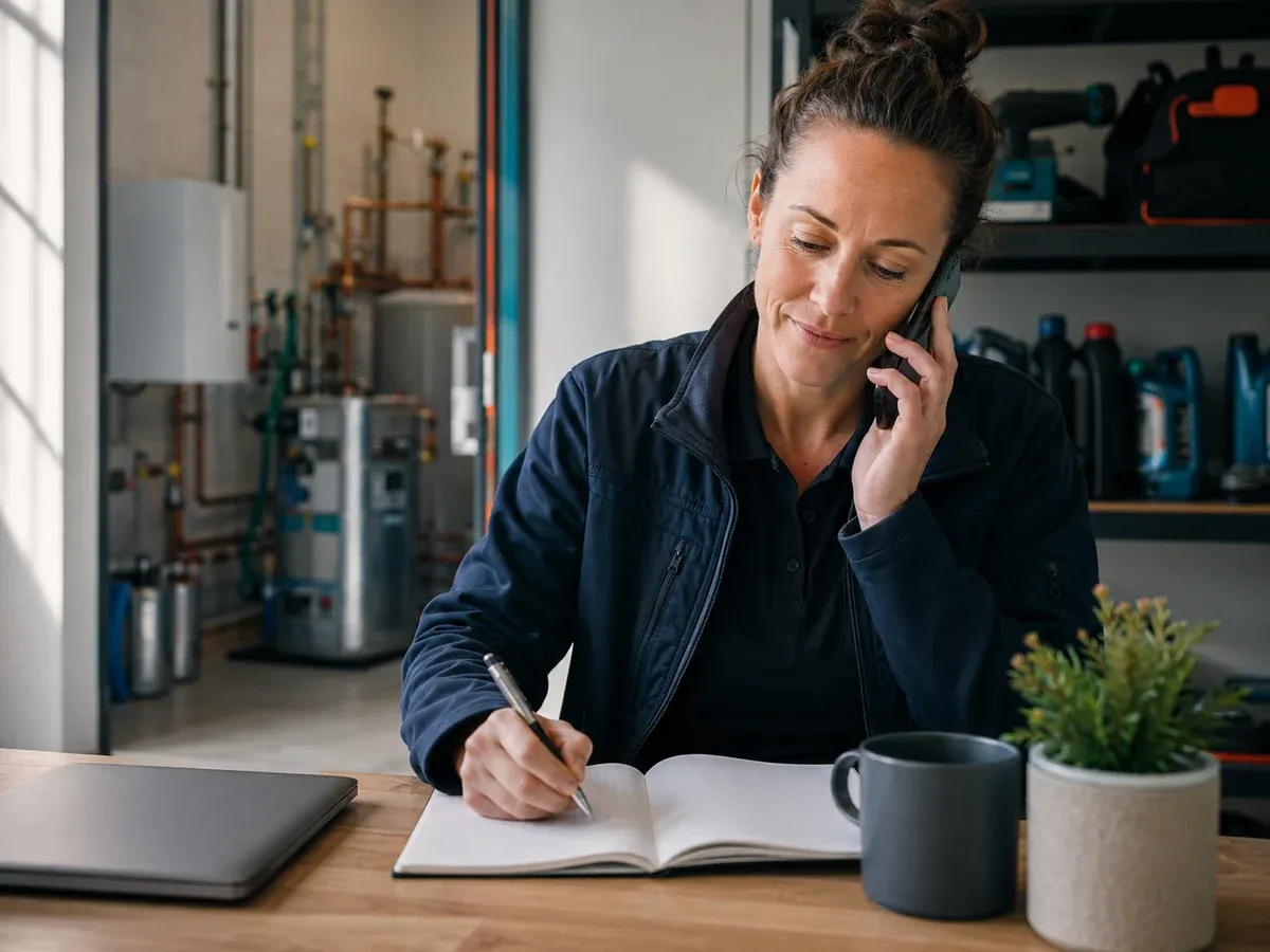 Heating business owner taking a customer enquiry in her workshop office