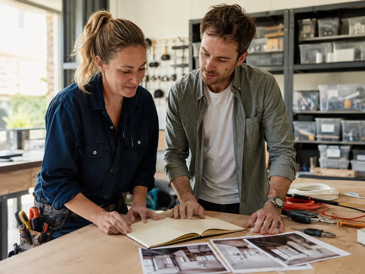 Contractor and adviser planning marketing priorities at a workshop bench