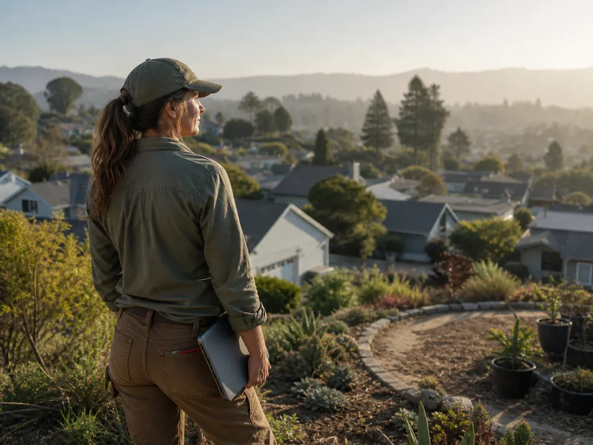 Landscape contractor looking across the neighborhood she serves