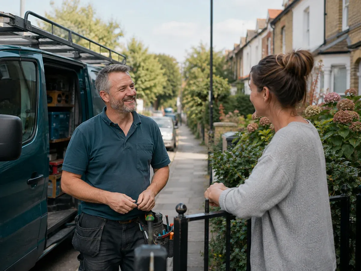Plumbing contractor talking with a homeowner on a residential street