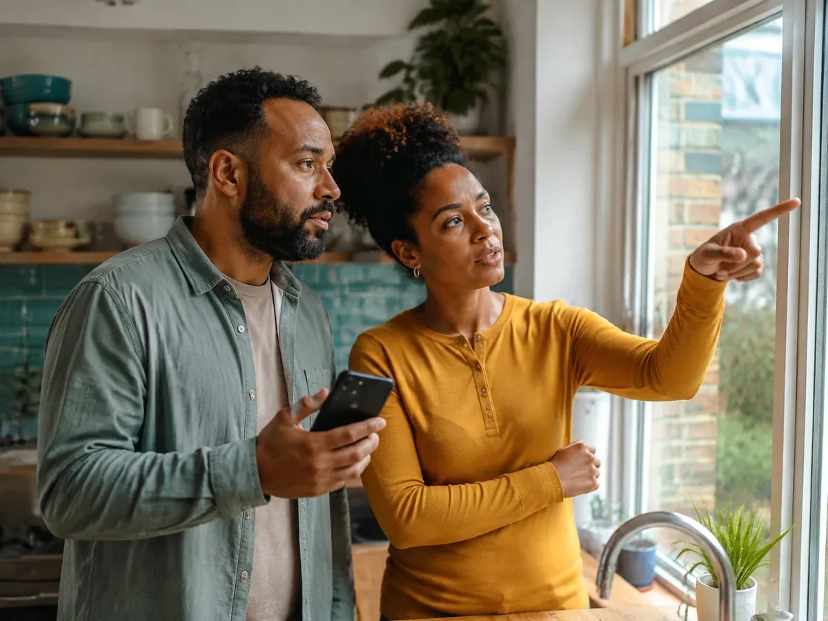 Homeowners using a phone while considering a home improvement