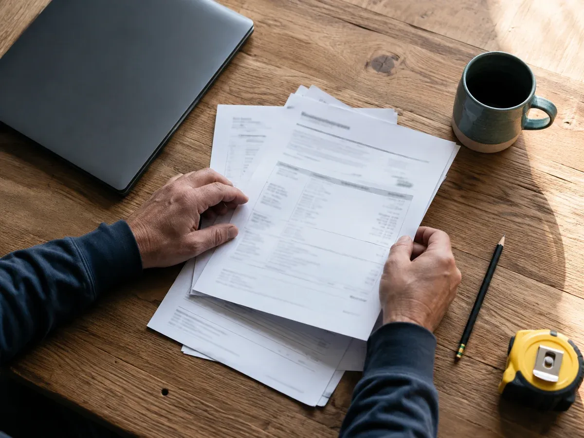 Contractor reviewing monthly paperwork at a wooden desk