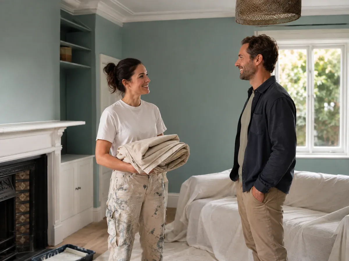Painter and homeowner discussing a freshly completed room