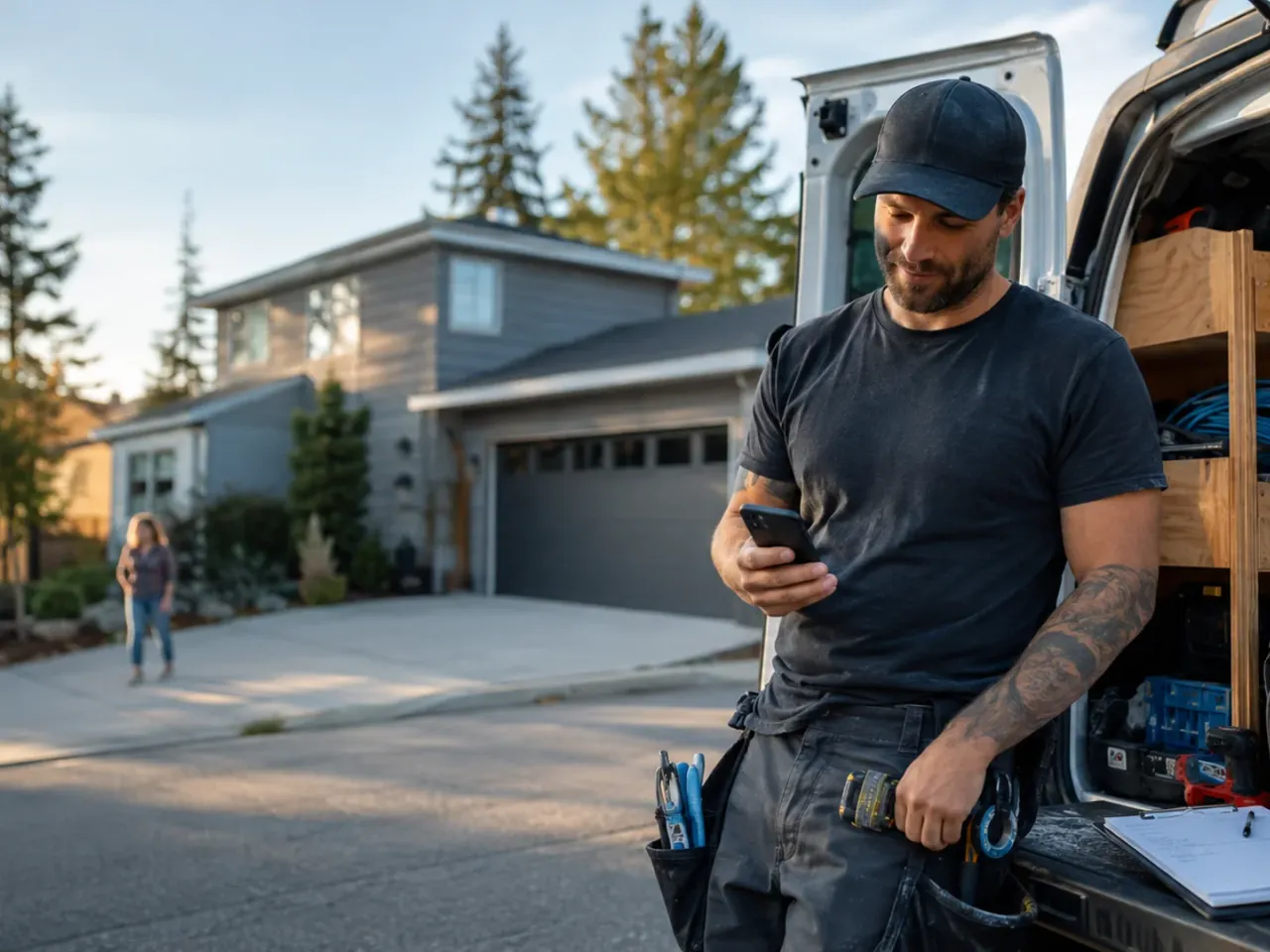 A contractor checking his phone beside a service van before the next job
