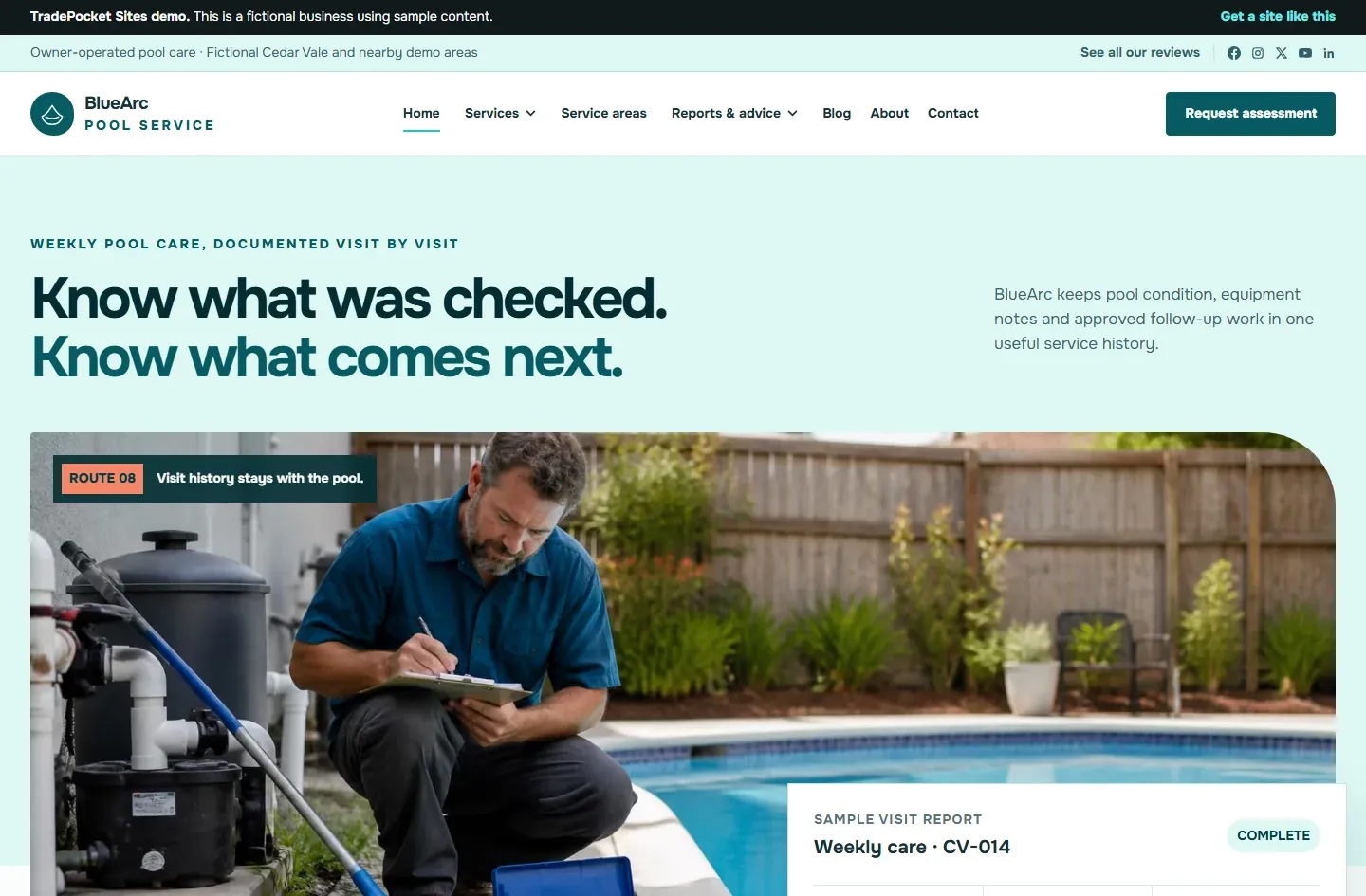 Live BlueArc Pool Service demo website showing a documented pool care visit
